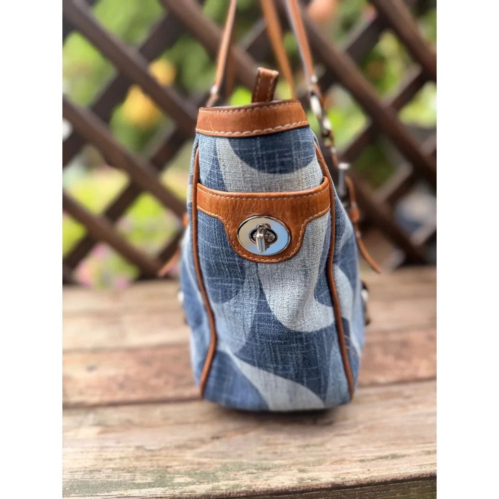 Coach Denim East West Gallery Tote Jacquard Signature C Blue Tan Leather Y2K